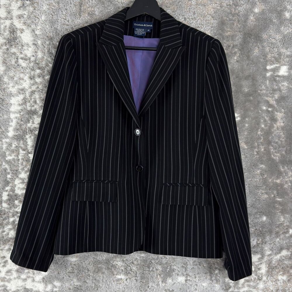 Tristan Iseut Womens Size 10 Striped‎ V Neck Blazer Jacket Black Purple Lined